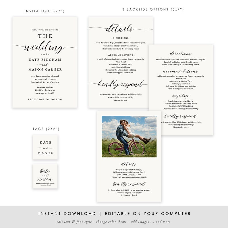Printable Wedding Invitation Template, Wedding Invitation Front Back, All in One Wedding Invite, TEMPLETT, Modern Calligraphy SPP007wi1 image 4