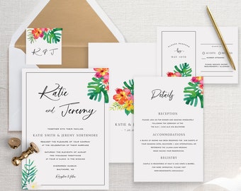 Tropical Flowers Wedding Invitation Template, Wedding Invitation Set, DIY Wedding Cards, TEMPLETT, PDF, Jpeg, Hawaiian Wedding #SPP082wis