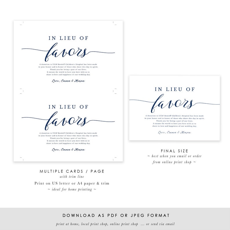Navy In Lieu of Favors Sign, Favour Sign, Wedding Donation Card Template, Printable Wedding Sign, Modern Blue Wedding, TEMPLETT SPP008ilf image 7