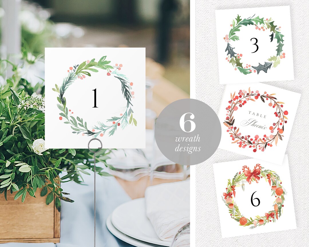 Christmas Wreath Printable Table Numbers, Wedding Table Number ...