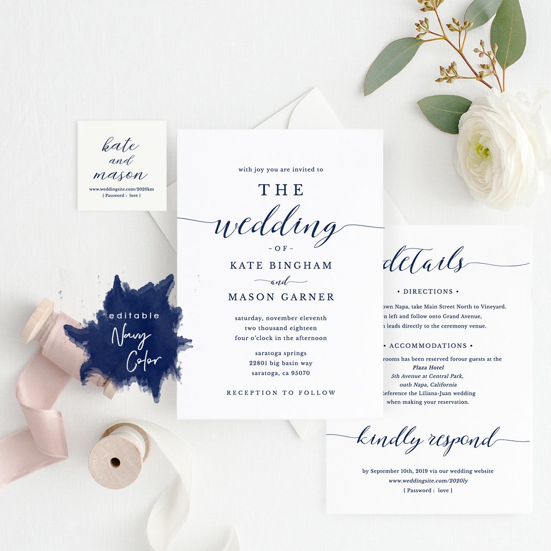 Navy Printable Wedding Invitation Template, Wedding Invitation Front ...