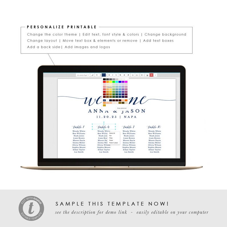 Wedding Seating Chart Template, Seating Chart Printable, Seating Board, Printable File, Templett, DIY, Instant Download, Navy Blue image 4