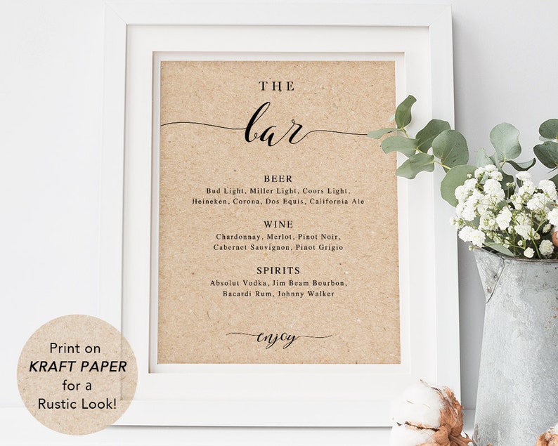 The Bar Sign, Bar Menu Sign, Wedding Bar Sign, Wedding Sign, Wedding Bar Menu Printable, Drink Menu, TEMPLETT, calligraphy SPP007bm image 3