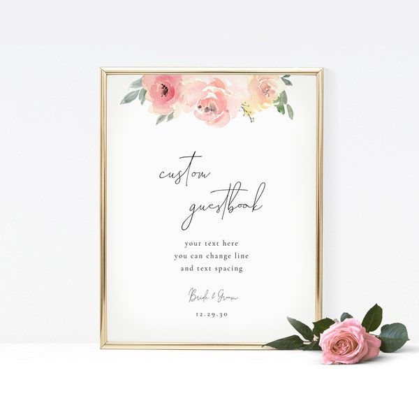 Blush Floral Custom Guestbook Sign Template, Printable Guest Book Sign, Globe Bottle Jenga Photo Guestbook Idea Templett PDF Jpeg #SPP081cgs