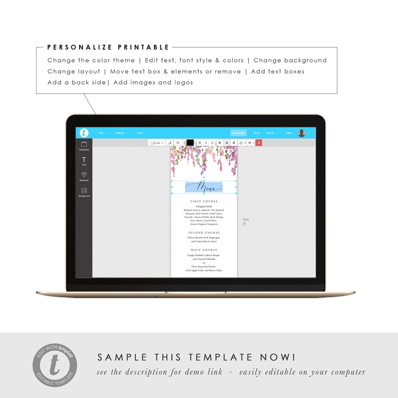 Purple Vine Dinner Menu Printable Wedding Menu Template Etsy
