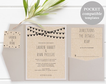 Pocket Wedding Invitation Set, Printable Wedding Invitation Template, DIY Wedding Invite, Instant Download, Edison Light, Rustic, #SPP005wip