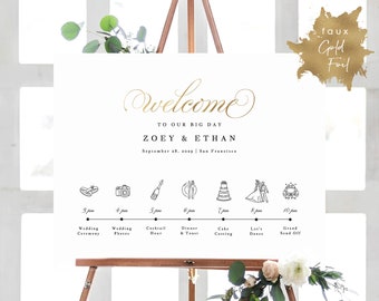 Gold Wedding Icon Timeline Sign Template, Wedding Program Sign Printable, Wedding Welcome Sign Poster TEMPLETT PDF Jpeg Faux Gold #SPP018wtl