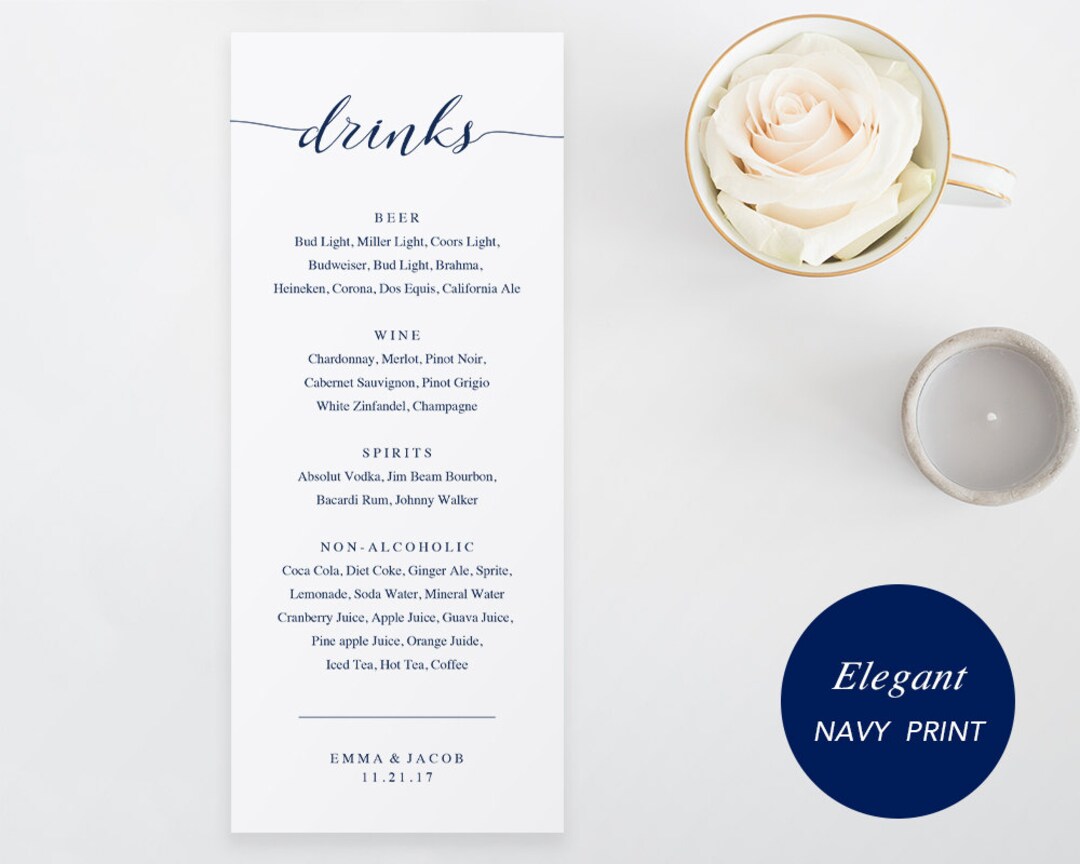 Drink Menu Card Template, Printable Wedding Drink Menu, Drink Menu, DIY ...