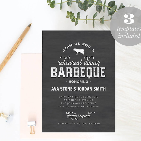 Printable Barbeque Rehearsal Dinner Invitation Template, Chalkboard BBQ Wedding, Rehearsal Dinner Invite, TEMPLETT, PDF, Jpeg #SPP053rd