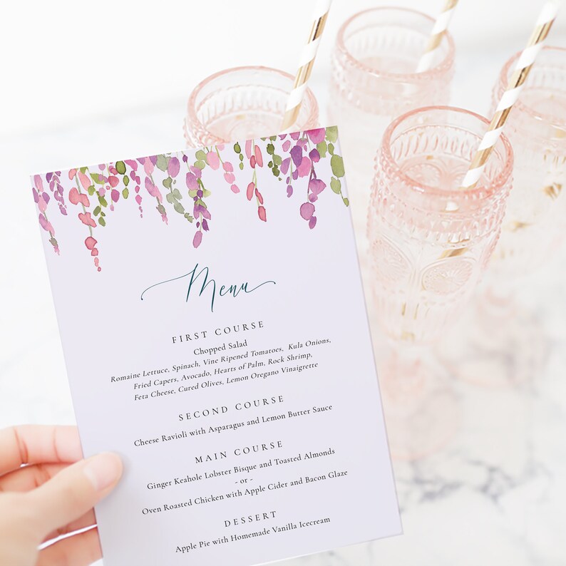 Purple Vine Dinner Menu Printable Wedding Menu Template Etsy
