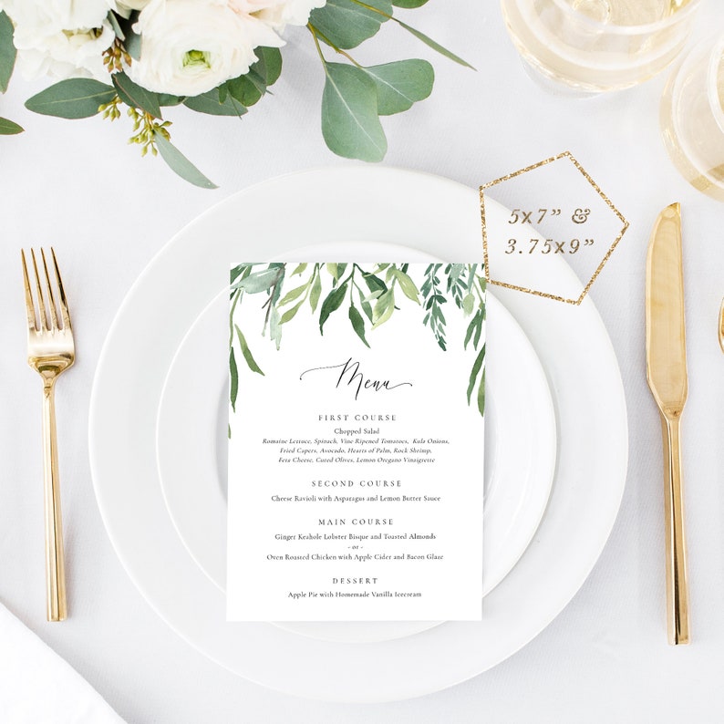 Greenery Branch Dinner Menu Printable Wedding Menu Template | Etsy