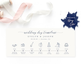 Navy Wedding Timeline Card, Order of Events, Icon Timeline, Wedding Big Day Schedule Agenda, TEMPLETT PDF Jpeg Download #spp008wtc