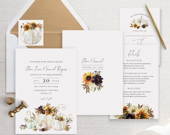 Floral Pumpkin Wedding Invitation Template, Wedding Invitation Set, DIY Wedding Cards, TEMPLETT, PDF, Jpeg, Halloween Autumn Fall #SPP091wis