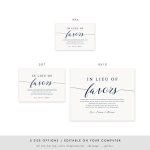Navy In Lieu of Favors Sign, Favour Sign, Wedding Donation Card Template, Printable Wedding Sign, Modern Blue Wedding, TEMPLETT SPP008ilf image 4