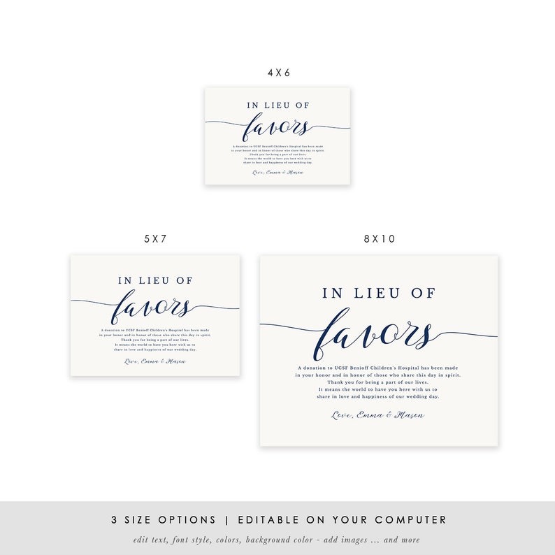Navy In Lieu of Favors Sign, Favour Sign, Wedding Donation Card Template, Printable Wedding Sign, Modern Blue Wedding, TEMPLETT SPP008ilf image 4
