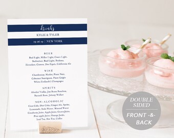 Drink Menu Template, Printable Wedding Drink Menu, Alcohol Menu, DIY Menu Card, TEMPLETT PDF Jpeg Download,  Navy Blue Stripe #SPP035dm57