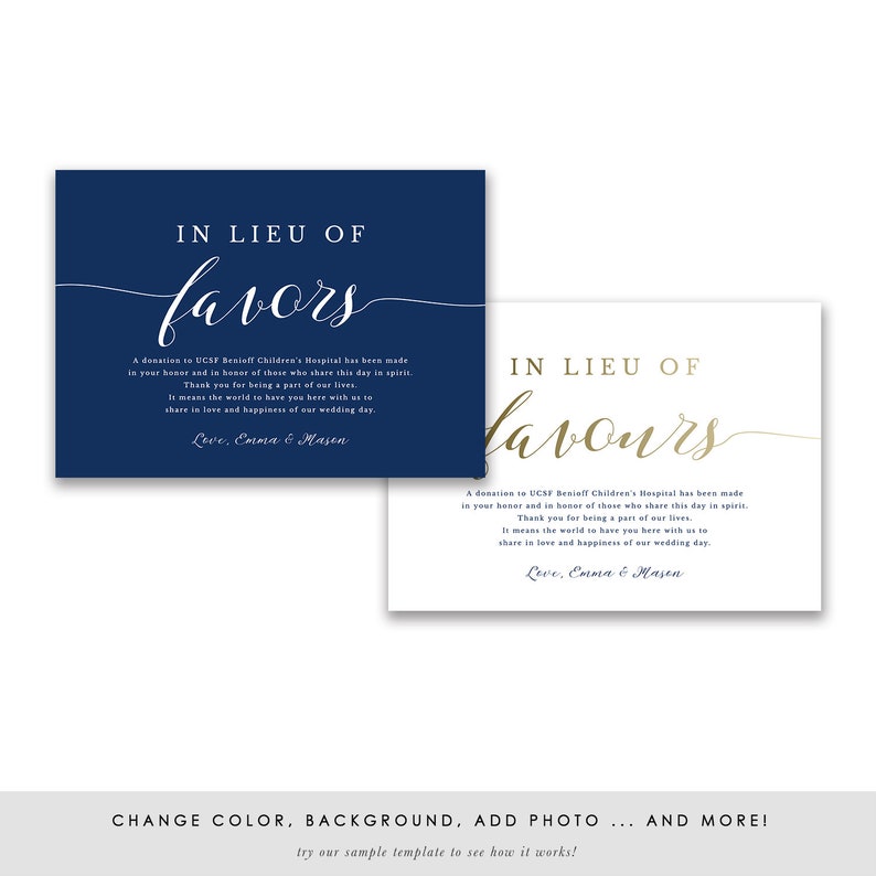 Navy In Lieu of Favors Sign, Favour Sign, Wedding Donation Card Template, Printable Wedding Sign, Modern Blue Wedding, TEMPLETT SPP008ilf image 6