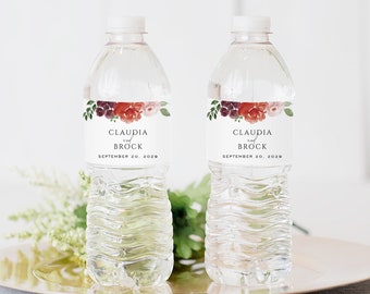 Red Floral Water Bottle Label, Water Bottle Label Template, Personalized Wedding Water Bottle, DIY, TEMPLETT PDF Jpeg Download #SPP068wb