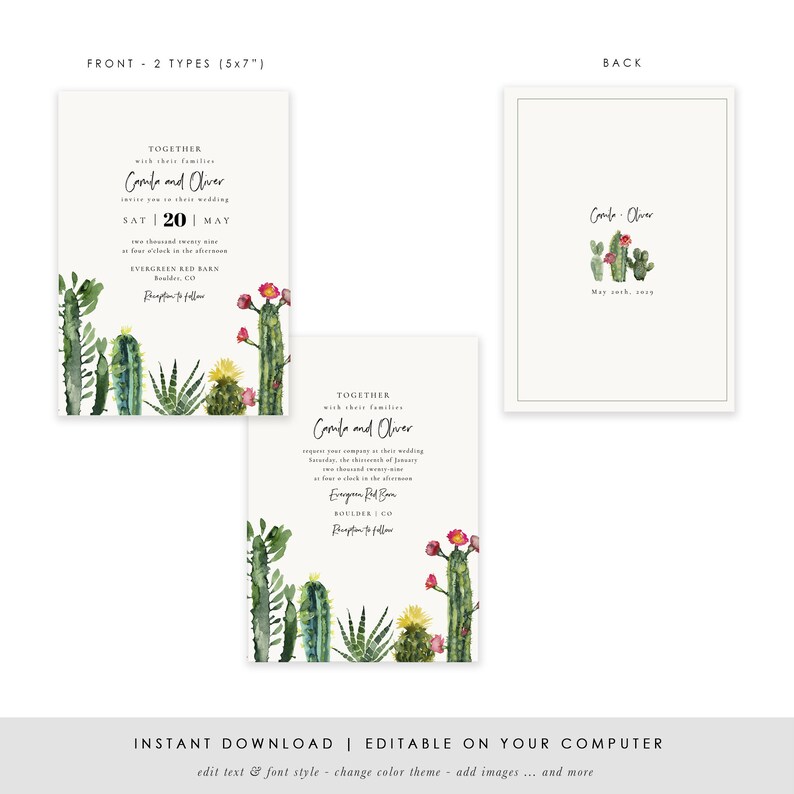 Jpeg DIY Wedding Cards Watercolor Greenery #SPP087wis Cactus Wedding Invitation Template PDF Wedding Invitation Set TEMPLETT
