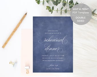 Printable Wedding Rehearsal Dinner Invitation Template, Navy Watercolor, Rehearsal Dinner Invite, TEMPLETT, PDF Jpeg Download #SPP037rd