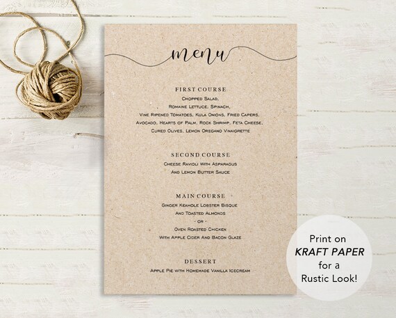 wedding menu template printable menu wedding dinner menu diy menu card rustic calligraphy kraft templett pdf jpeg download spp003mn wedding dinner menu