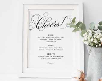 Cheers bar Sign, Bar Menu Sign, Wedding Bar Sign, Wedding Sign, Wedding Bar Menu Printable, Drink Menu, TEMPLETT, Calligraphy #SPP014bm