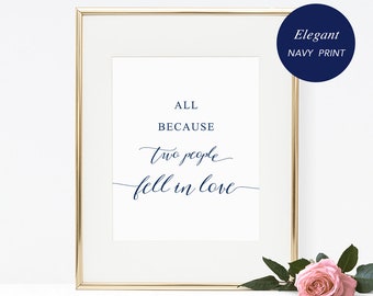 Navy All Because Two People Fell in Love Sign Template, Printable Wedding Sign, Modern Wedding, TEMPLETT PDF Jpeg Download #SPP008love
