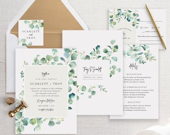 Eucalyptus Wedding Invitation Template, Wedding Invitation Set, DIY Wedding Cards, TEMPLETT, PDF, Jpeg, Watercolor Greenery #SPP085wis