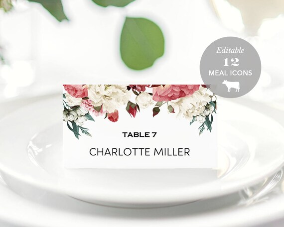 Wedding Place Card Printable Place Card Template Meal Choice | Etsy