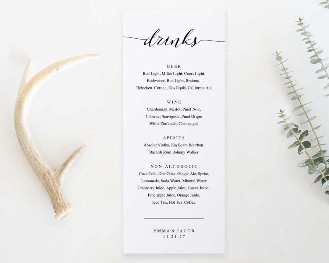 Drink Menu Template, Printable Wedding Drink Menu, Alcohol Menu, DIY ...
