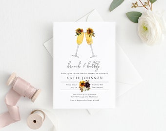 Sunflower Mimosa Bridal Shower Invitation, Brunch and Bubbly Template, Printable Couples Shower, Wedding Brunch TEMPLETT PDF Jpeg #SPP091sw