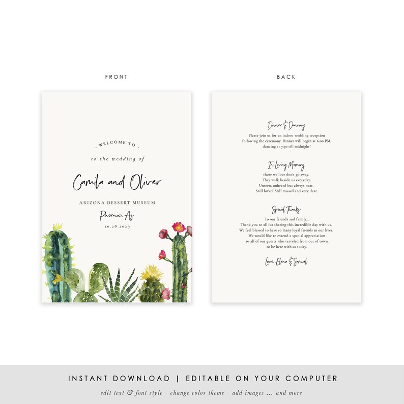 Cactus Wedding Program Book Template Printable Wedding | Etsy