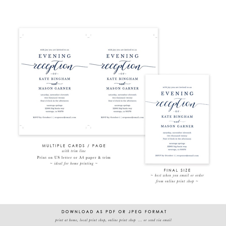 Printable Navy Reception Invitation Template, Evening Reception Invite, DIY Formal Wedding Reception Card, TEMPLETT, Modern SPP008iiri image 5