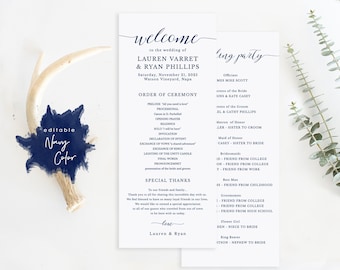 Wedding Program Template, Printable Wedding Program Ceremony Printable Template, Templett, Instant, Elegant Navy Calligraphy #SPP008pr