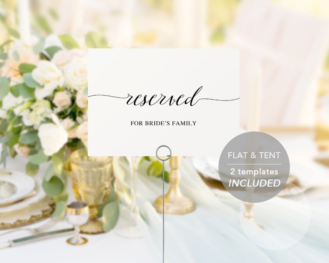 Reserved Sign Printables, Editable PDF Template, Instant Download, Diy Wedding Reserved Folded ...