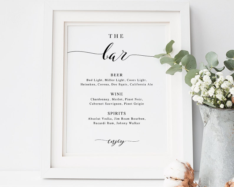 The Bar Sign, Bar Menu Sign, Wedding Bar Sign, Wedding Sign, Wedding Bar Menu Printable, Drink Menu, TEMPLETT, calligraphy SPP007bm image 2