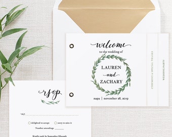 Booklet Invitation Set, Printable Wedding Invitation Template, DIY Wedding Cards, Editable PDF Instant Download Rustic Wreath #SPP032wib