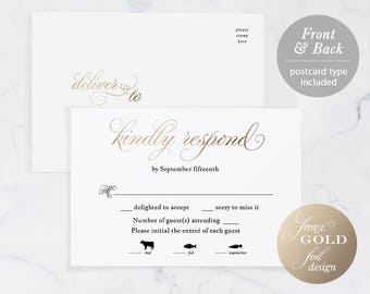 Rsvp Card Template, Printable Wedding RSVP, RSVP Postcard, Response Card, Jpeg pdf Download, TEMPLETT, Faux Gold Foil Calligraphy, #SPP018rs