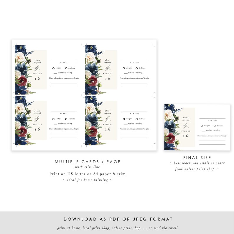 Red Navy Flowers Rsvp Card Template, Printable Wedding RSVP, RSVP Postcard, Response Card, TEMPLETT, Jpeg pdf, Winter Flower SPP090rs image 5