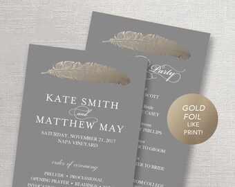 Wedding Program Template, Printable Wedding Program, Ceremony Printable Template, Faux Gold Feather, TEMPLETT, PDF, Jpeg Download #SPP019pr