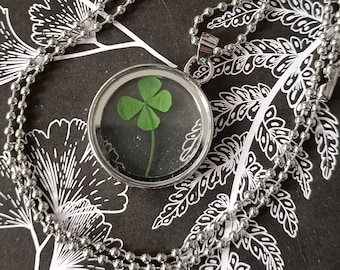 Necklace with four-leaf clover in a round pendant