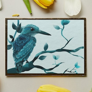 Illustrierter Eisvogel als Post - oder Klappkarte Din A6, blauer Vogel, selbstgemachte Karte mit pluma alcedo atthis