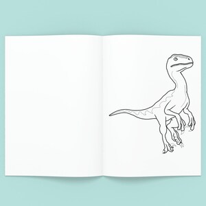 May include: A black and white line drawing of a dinosaur on a white page. The dinosaur is facing right and has its mouth open. It has a long tail and three claws on each foot.