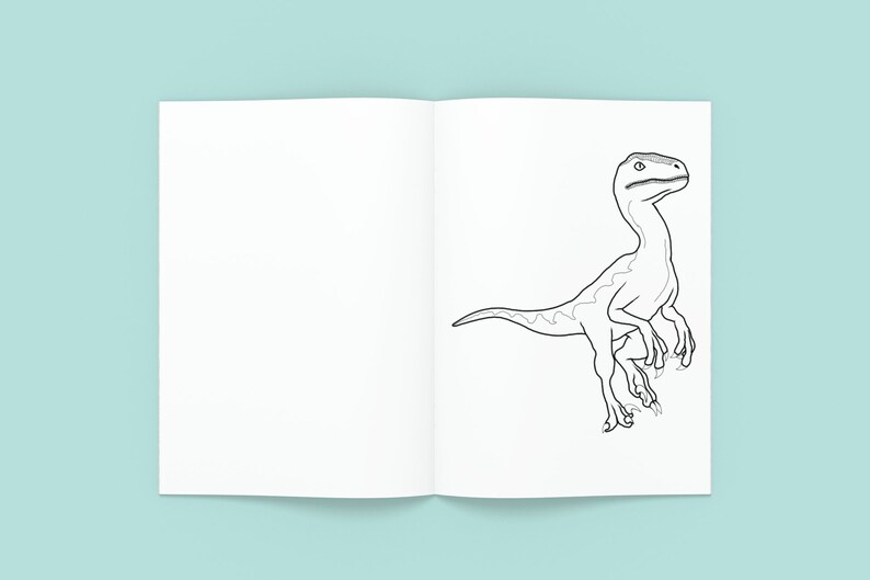 May include: A black and white line drawing of a dinosaur on a white page. The dinosaur is facing right and has its mouth open. It has a long tail and three claws on each foot.