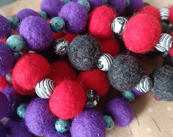 Necklace made of felt beads and spacer beads, various colors