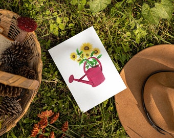 Post - oder Klappkarte mit leuchtenden Sonnenblumen in einer roten Gießkanne, Sonnenblumen Grüße, Grußkarte Blumen, Postkarte Blumen
