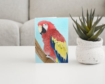 Postcard or greeting card with a colorful macaw in A6 format, vibrant red parrot, cute gift for parrot lovers, macaw wall art