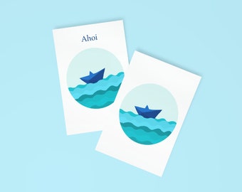 Ahoy postcard or folding card with origami ship