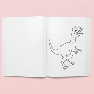 May include: A black and white line drawing of a dinosaur in a colouring book. The dinosaur has a long neck and a small head with a crest on top.