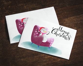 Postcard or folded card with snowman, cute Christmas card, simple greeting card with text, Christmas card snowman